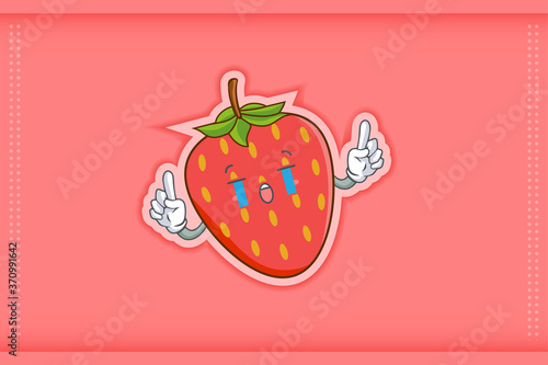 CRYING, SAD, SOB, CRY Face Emotion. Double Forefinger Hand Gesture. Red Strawberry Fruit Cartoon Drawing Mascot Illustration.