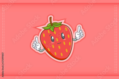 REALLY, ATTENTIVE, Curios Face Emotion. Double Forefinger Hand Gesture. Red Strawberry Fruit Cartoon Drawing Mascot Illustration.