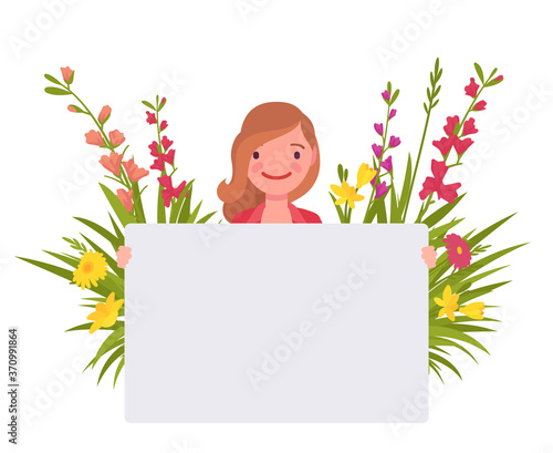 Attractive girl holding empty poster on spring floral background. Beautiful smiling woman with white blank banner for copy space, green garden botanical decor. Vector flat style cartoon illustration