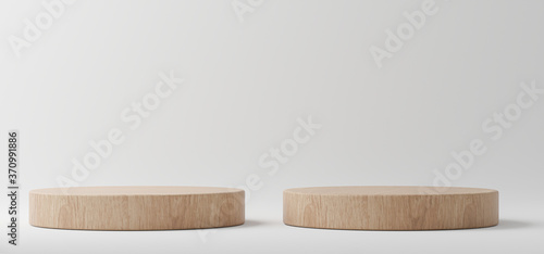 Wood cylinder podiums background. Abstract pedestal scene with geometrical. Scene to show cosmetic products presentation. Mock up design empty space. Showcase,shopfront,display case,3d render