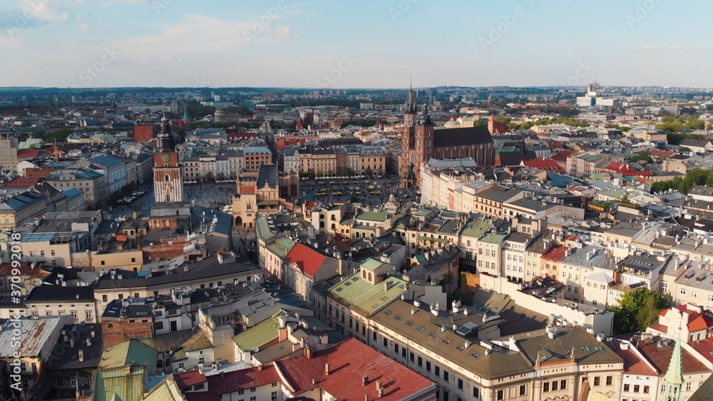 Aerial view of Krakow, the main square in the city center with St. Mary's Church.
