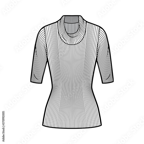 Ribbed cowl turtleneck knit sweater technical fashion illustration with elbow sleeves, close-fitting shape, tunic length. Flat sweater apparel template front, white color. Women men unisex top CAD