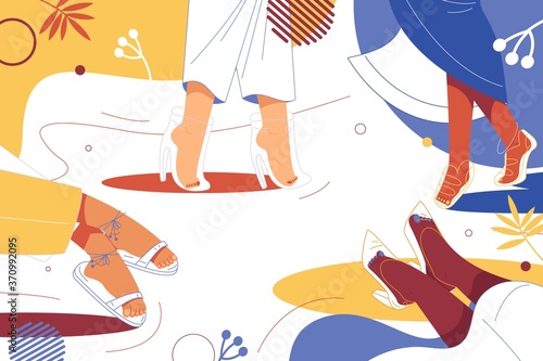 Vector concept illustration about shoes and pedicure. Female feet in beautiful poses. Vibrant colors