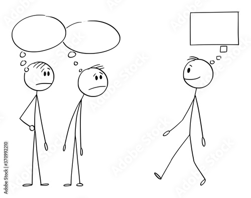 Vector cartoon stick figure drawing conceptual illustration of two average men or businessmen with mainstream conventional thinking watching creative individual.