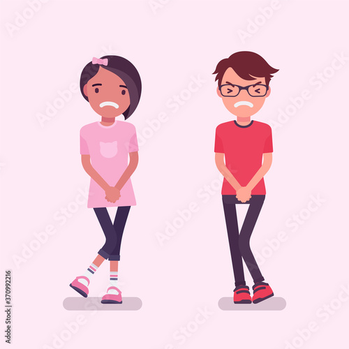 Boy, girl wanting to pee, feeling discomfort. Children suffering with constant urge, urinary tract infection, overactive bladder, health disorder, needing a wc. Vector flat style cartoon illustration