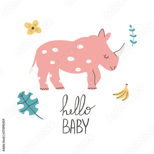 Hand Drawn baby shower poster print African rhino with hand lettering hello baby. Cute doodle animal card. Scandinavian colorful childish illustration.
