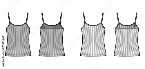 Ribbed camisole technical fashion illustration with scoop neck, oversized knit body, tunic length. Flat outwear basic tank apparel template front back white grey color. Women men unisex shirt top CAD