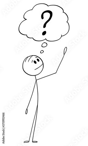 Vector cartoon stick figure drawing conceptual illustration of man or businessman asking philosophical question, looking for problem solution or answer.