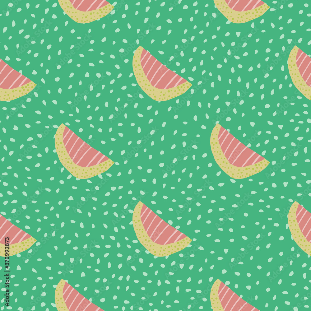 Waterlemon slices seamless doodle pattern. Fruit shapes in pink color on light turquoise background with dots. Waterlemon slices seamless doodle pattern. Fruit shapes in pink color on light turquoise background with dots.