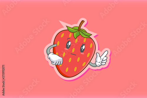 REALLY, ATTENTIVE, Curios Face Emotion. Finger Gun Hand Gesture. Red Strawberry Fruit Cartoon Drawing Mascot Illustration.