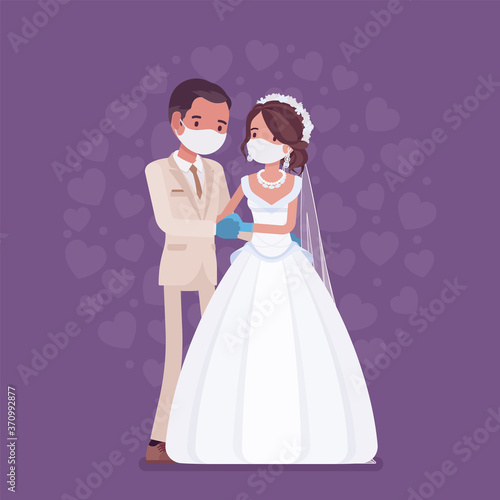 Quarantine wedding ceremony  groom and bride in protective mask  gloves. Newlyweds  man  woman in traditional wear  married couple during epidemic outbreak. Vector flat style cartoon illustration