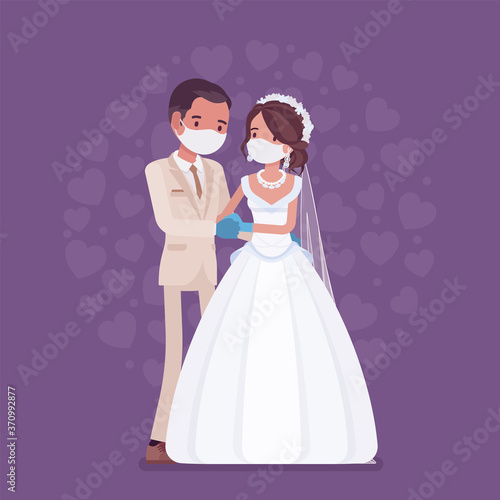 Quarantine wedding ceremony, groom and bride in protective mask, gloves. Newlyweds, man, woman in traditional wear, married couple during epidemic outbreak. Vector flat style cartoon illustration
