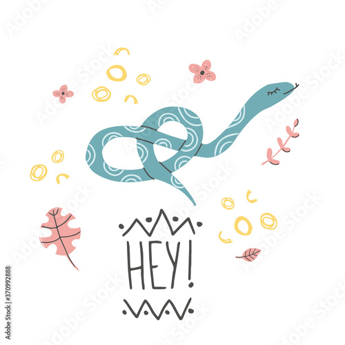 Hand Drawn baby shower poster print African snake with hand lettering. Cute doodle animal card. Scandinavian colorful childish illustration.