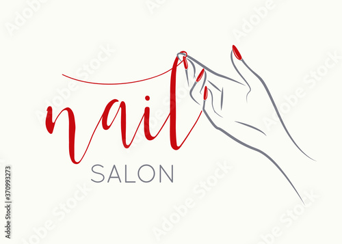 Hand with beautiful, elegant red nail polish manicure.Nail salon illustration isolated on light background.Beauty, cosmetics and spa logo.Feminine, luxury style drawing for nails art business.