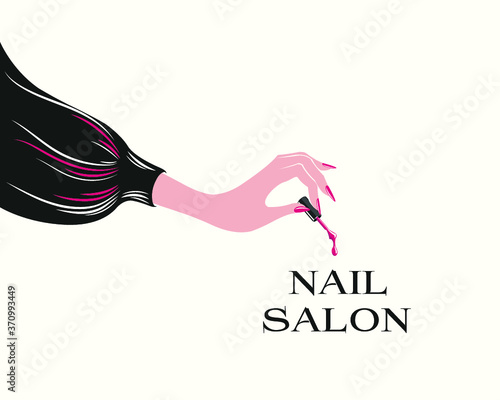 Hand with beautiful, elegant red nail polish manicure.Nail salon illustration.Beauty, cosmetics and spa logo.Feminine, luxury style drawing for nails art business.Nail brush dripping paint.