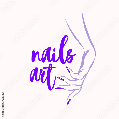 Hand with beautiful, elegant nail polish manicure.Nail salon illustration isolated on light background.Beauty, cosmetics and spa logo.Feminine, luxury style drawing for nails art business.