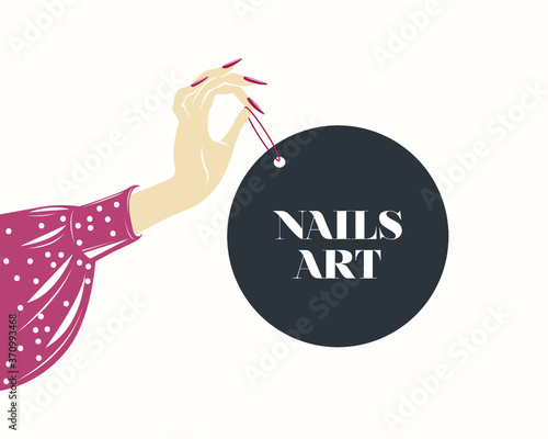 Hand with beautiful, elegant red nail polish manicure.Nail salon illustration on light background.Beauty, cosmetics and spa logo.Feminine, luxury style drawing for nails art business.