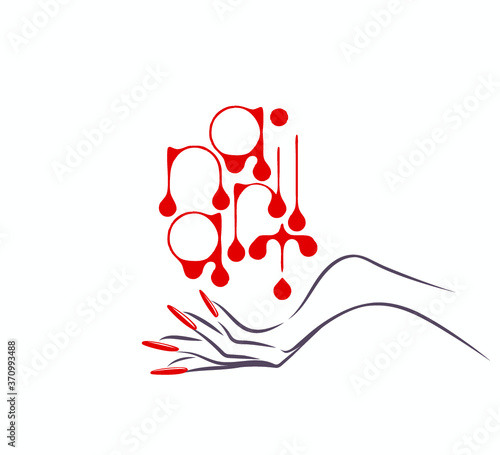 Hand with beautiful, elegant red nail polish manicure.Nail salon illustration.Beauty, cosmetics and spa logo.Feminine, luxury style drawing for nails art business.Dripping letters word mark.