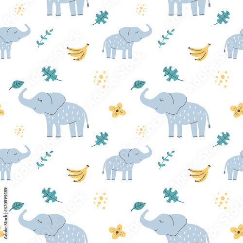 Hand drawn seamless pattern background with cute elephants and floral elements. Perfect for kids apparel, textile, fabric, nursery decoration, wrapping paper. © Maria