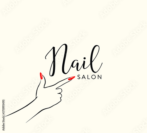 Hand with beautiful, elegant red nail polish manicure.Nail salon illustration isolated on light background.Beauty, cosmetics and spa logo.Feminine, luxury style drawing for nails art business.