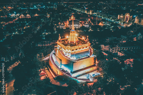 Aerial view of Wat Saket Golden Mount temple in Bangkok old town in Thailand photo