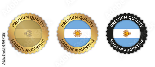 Set of 3 "Made in Argentina" vector icons. Illustration with transparent background. Country flag encircled with gold/black stamp. Sticker/logo for product/website.
