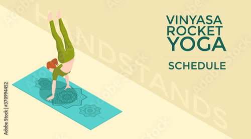 Yogi girl doing a handstand over a yoga mat wearing colorful pants in isometric perspective 