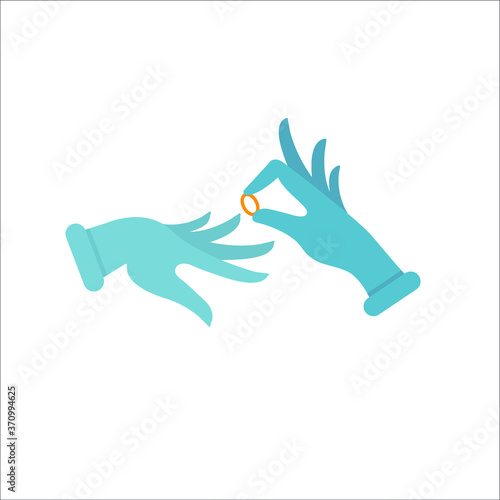 Rubber glove with a wedding ring. Concept: wedding ceremony during the coronavirus pandemic, prevention of infection during the wedding. Vector illustration, cartoon color design, isolated.
