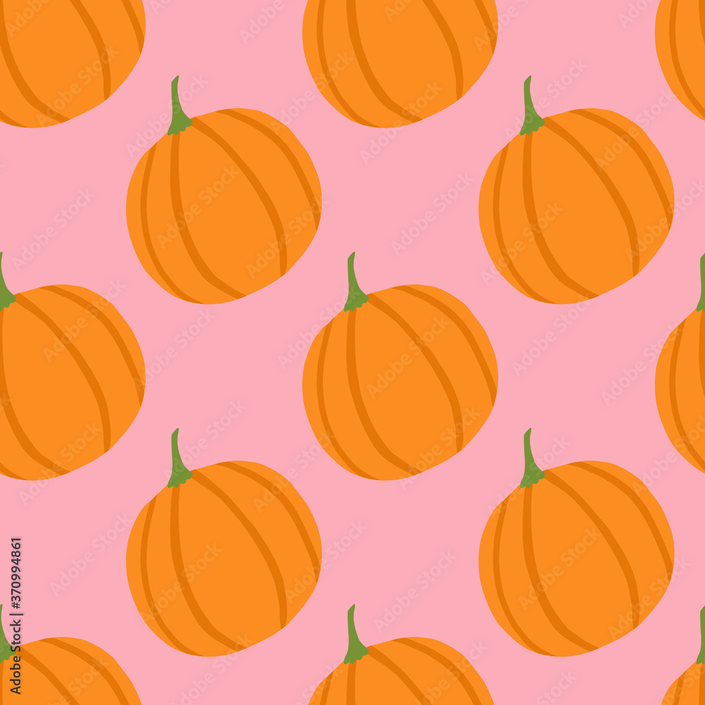 Simple minimalism food pumpkin seamless pattern. Pink background with orange vegetable elements.