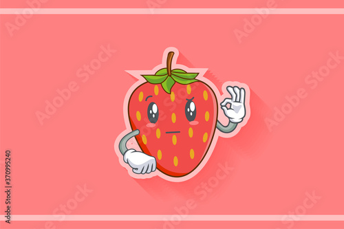 REALLY, ATTENTIVE, Curios Face Emotion. Nice Hand Gesture. Red Strawberry Fruit Cartoon Drawing Mascot Illustration.