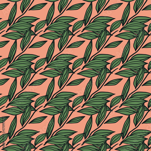 Bright seamless naive pattern with outline leaves green elements. Pink background. Stylized artwork.