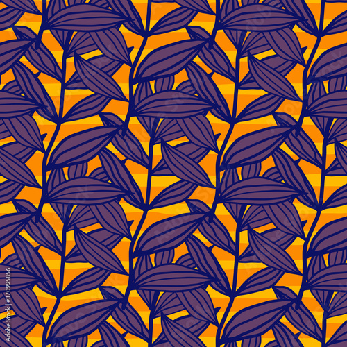 Bright foliage abstract outline silhouettes seamless pattern. Purple botanic branches on orange background. © smth.design