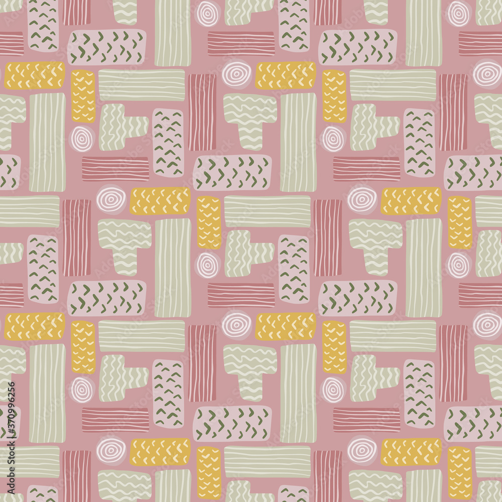 Geometric tetris seamless pattern with rectangles. Grey, yellow and pink palette geometric artwork.