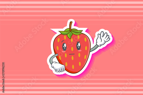REALLY, ATTENTIVE, Curios Face Emotion. Waving Hand Gesture. Red Strawberry Fruit Cartoon Drawing Mascot Illustration.