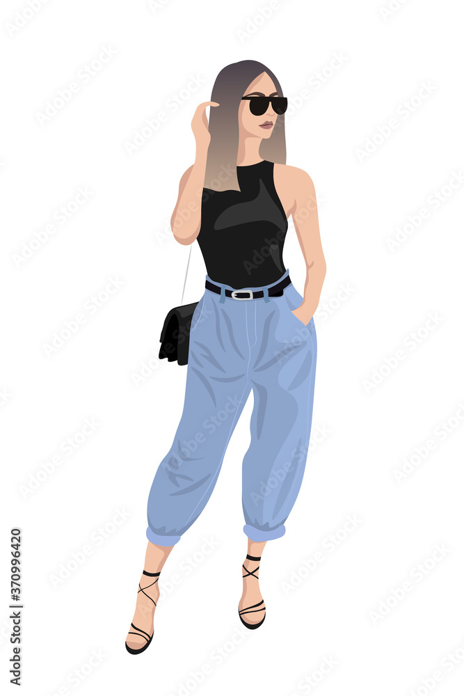 Women on high heels dressed in stylish trendy clothes - female fashion illustration Women on high heels dressed in stylish trendy clothes - female fashion illustration