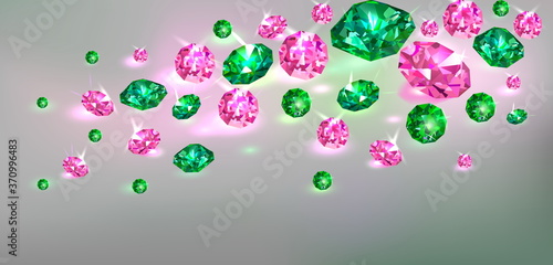 Gray background with many scattered green and pink gems. Vector illustration.