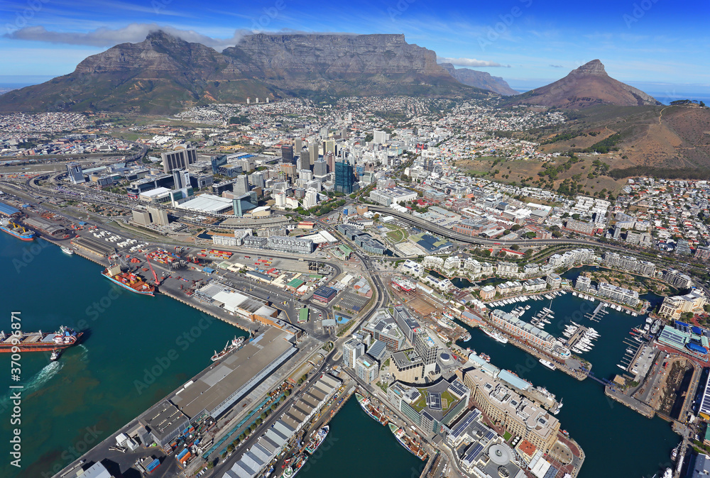 Cape Town, Western Cape / South Africa - 04/26/2019: Aerial photo of The Silos District with Table Mountain in the background