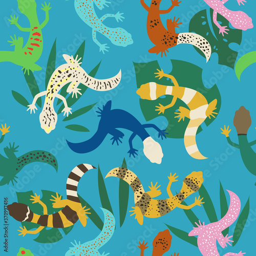 Lizards and tropical leaves seamless pattern. Colorful reptiles exotic illustration on blue background. - Vector