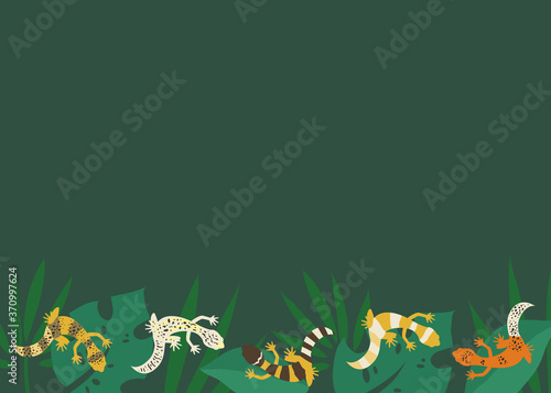 Exotic background with plants and leopard geckos on leaves. Reptile flat illustration for zoo or terrarium. - Vector