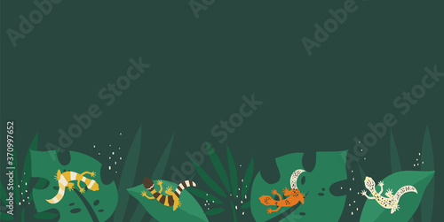 Tropical background with beautiful green plants and small lizards. Leopard geckos on leaves flat illustration. - Vector