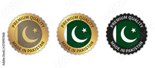 Set of 3 "Made in Pakistan" vector icons. Illustration with transparent background. Country flag encircled with gold/black stamp. Sticker/logo for product/website.