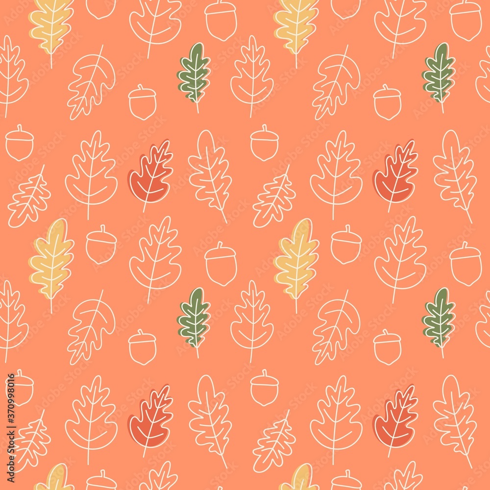 Oak leaves and acorns. Seamless linear pattern. Vector autumn illustration on orange background. Oak leaves and acorns. Seamless linear pattern. Vector autumn illustration on orange background.