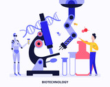 Biotechnology lab banner with cartoon robot and scientist