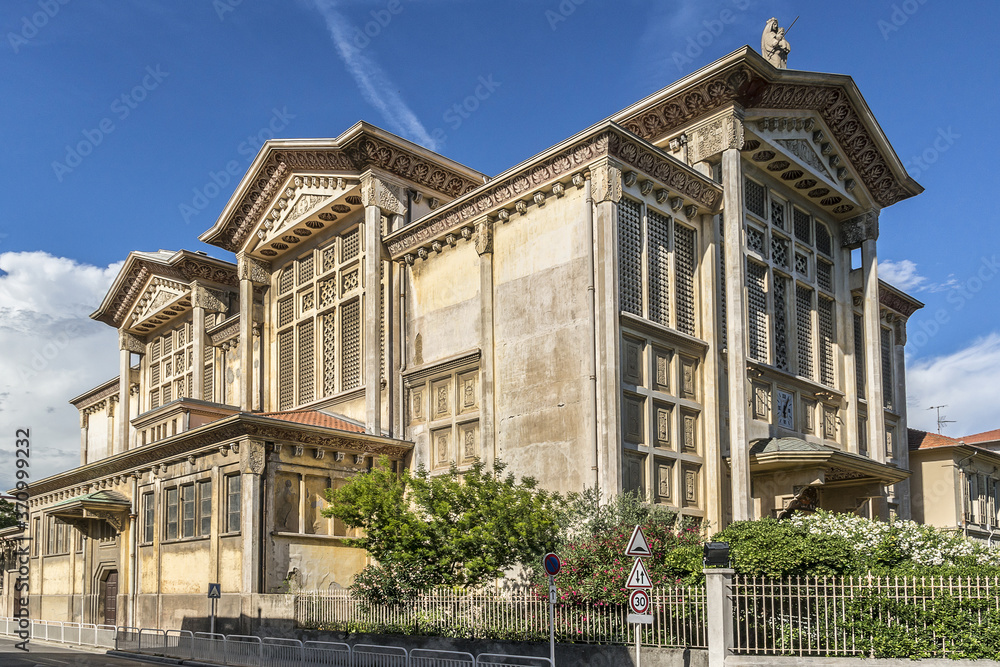 Notre-Dame Auxiliatrice - this church is located on Place Don Bosco in Nice, named after the saint who stayed in Nice several times in 19th century. Nice, French Riviera, France.