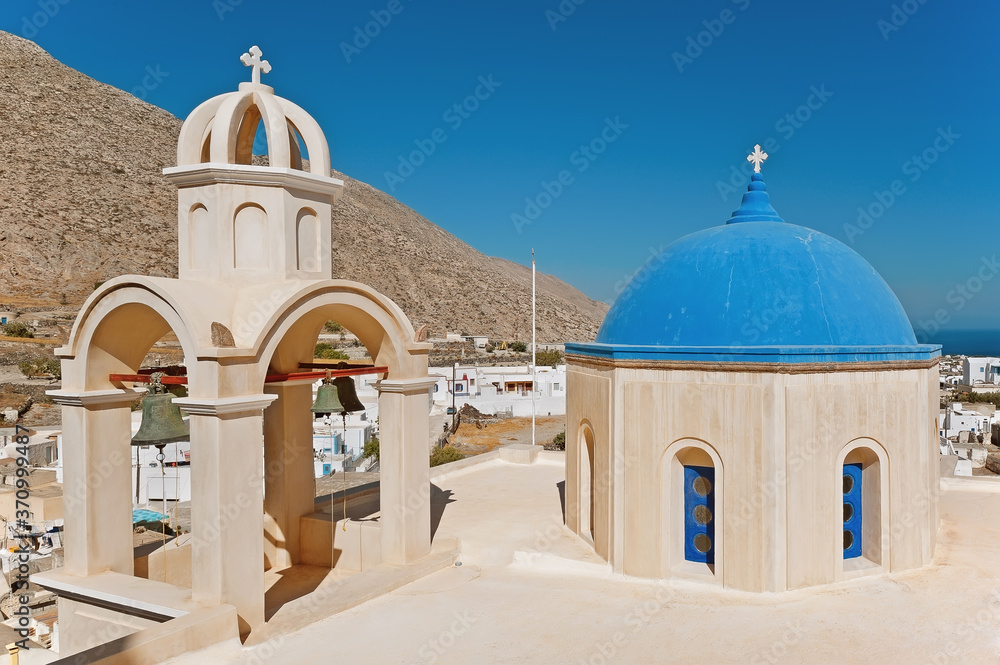 The dome and cupola of the Emporio church at Santorini, Greece