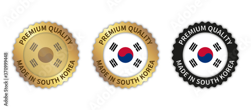Set of 3 "Made in South Korea" vector icons. Illustration with transparent background. Country flag encircled with gold/black stamp. Sticker/logo for product/website.