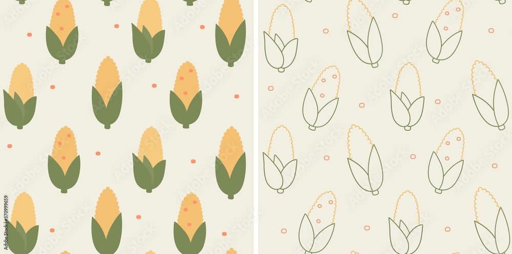 Seamless maize pattern. Two vector illustrations of corn crop texture in flat and linear style. Seamless maize pattern. Two vector illustrations of corn crop texture in flat and linear style.