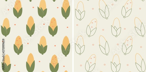 Seamless maize pattern. Two vector illustrations of corn crop texture in flat and linear style. photo