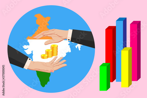 Economy and budget of India. Two female hands around gold euro coins on the background of the map of India in the colors of the national flag