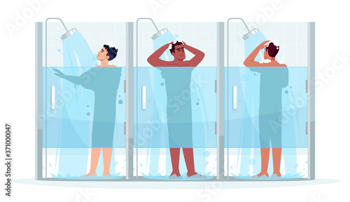 Public male shower semi flat RGB color vector illustration. Man clean with shampoo. Guy in cabin wash with soap. Hygiene and body care. Diverse men isolated cartoon characters on white background